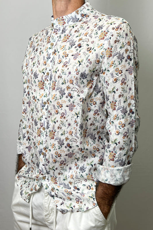 Camicia Collo Coreano Fantasia Floreale in Lino Berna - Seipuntozerostore