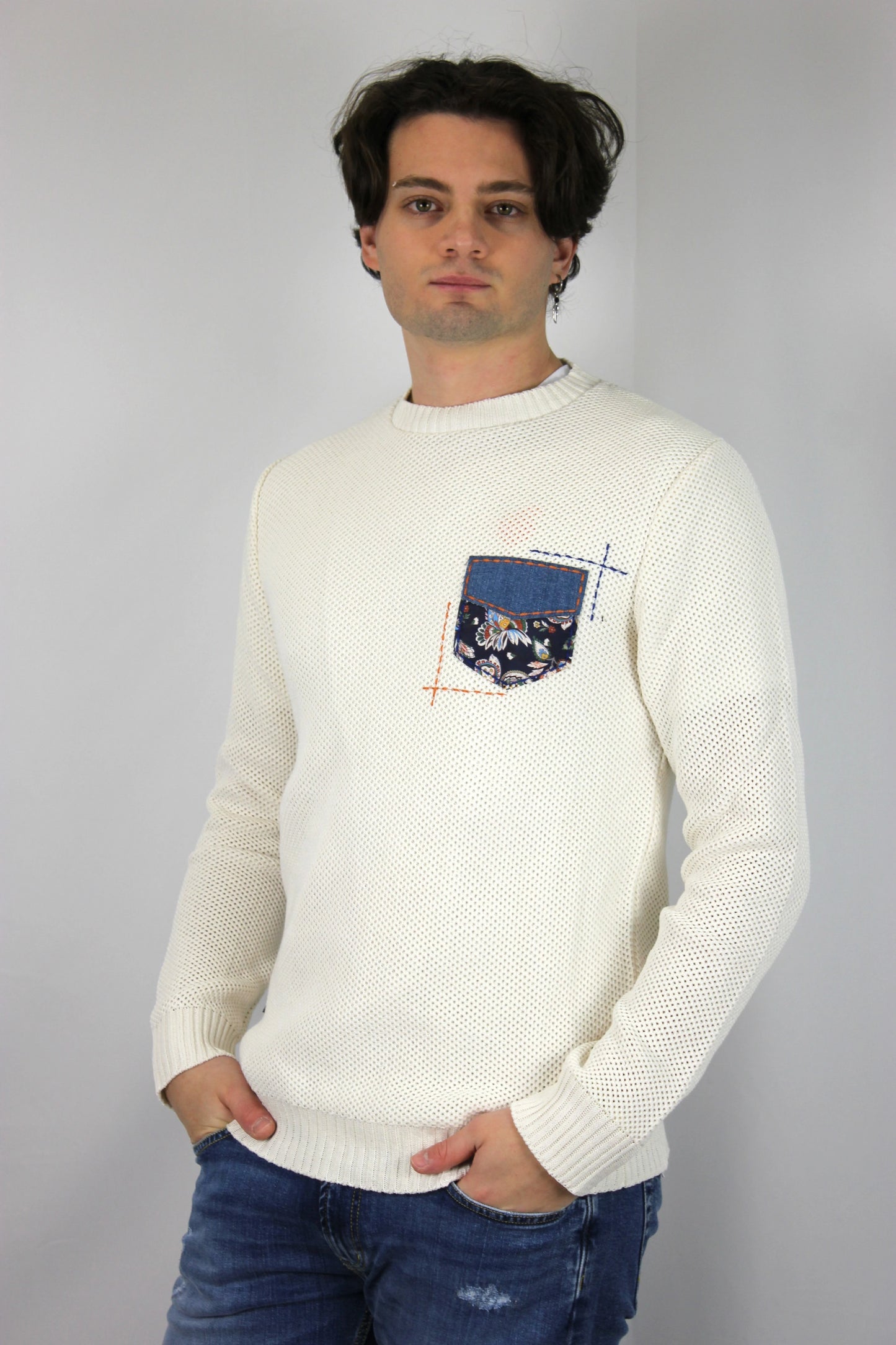 Maglione occhio di pernice panna patchwork V2 - Seipuntozerostore