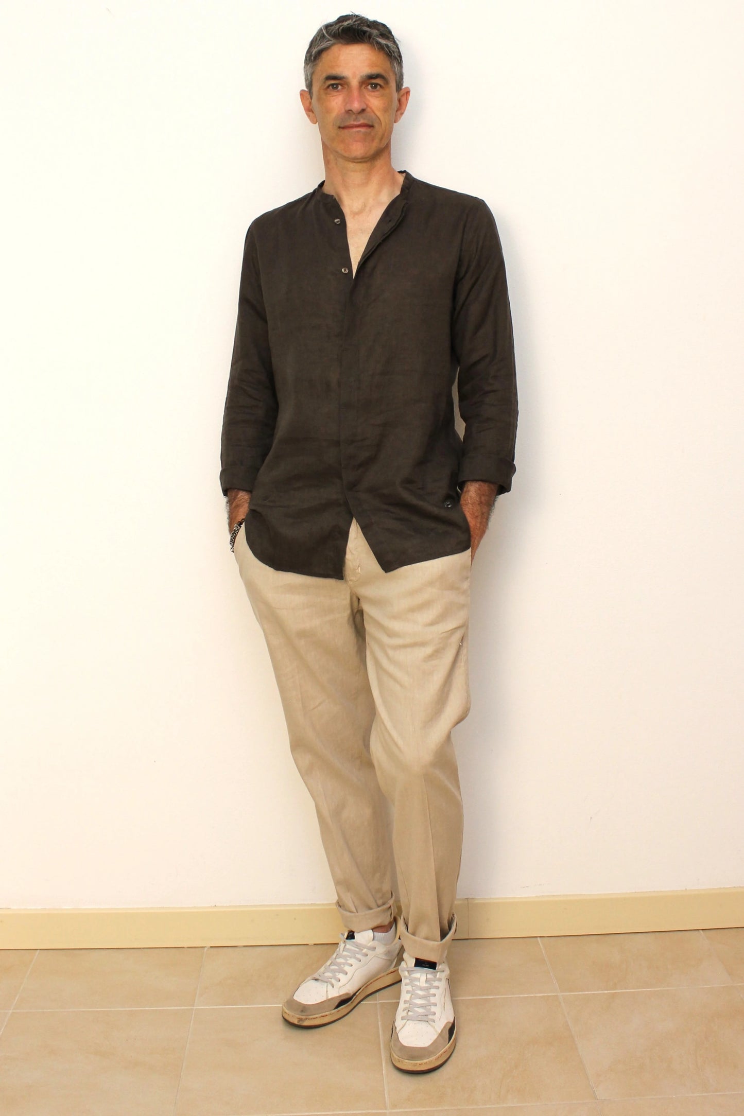 Camicia coreana in lino caffè Berna - Seipuntozerostore