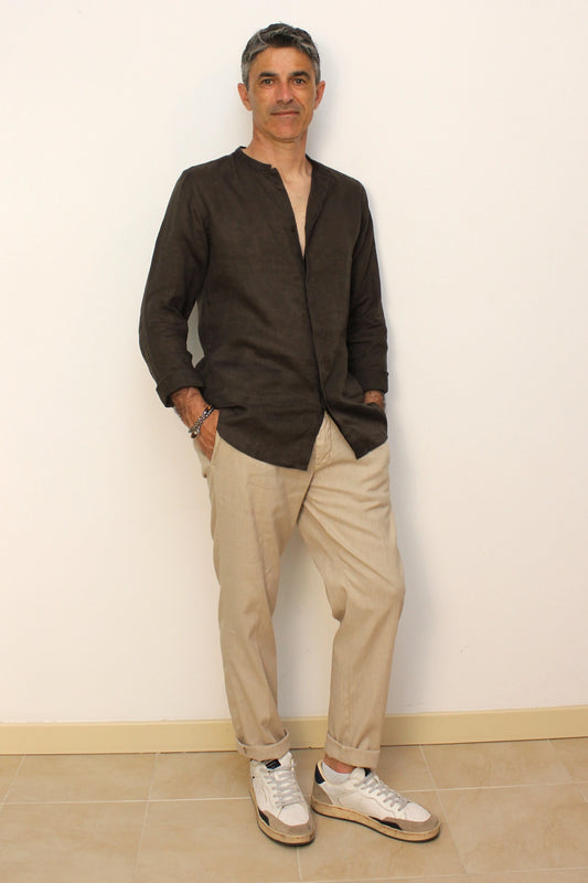 Camicia coreana in lino caffè Berna - Seipuntozerostore