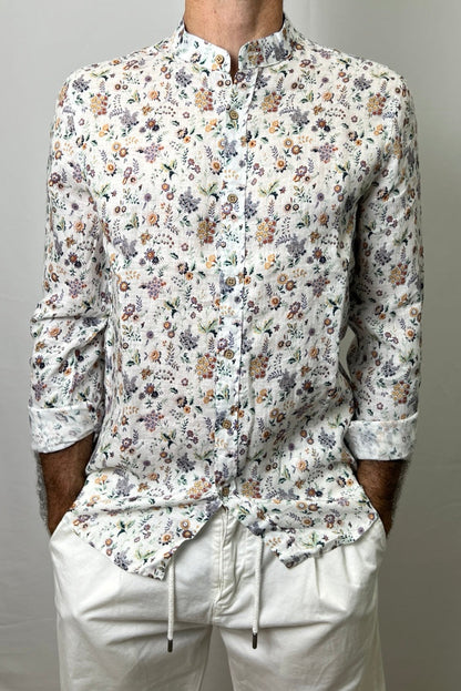 Camicia  Collo Coreano Fantasia Floreale in Lino Berna