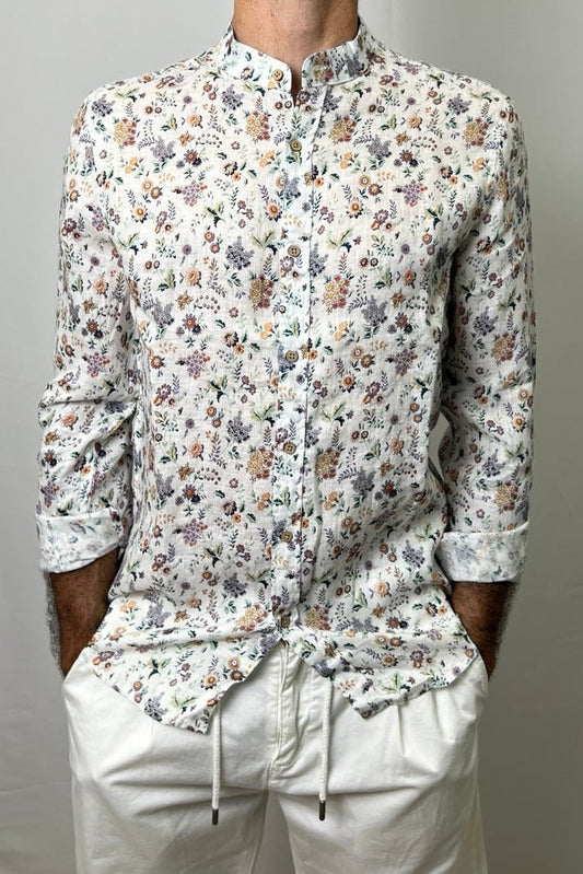 Camicia Collo Coreano Fantasia Floreale in Lino Berna - Seipuntozerostore