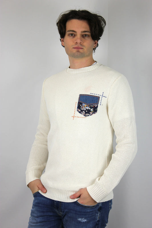 Maglione occhio di pernice panna patchwork V2 - Seipuntozerostore