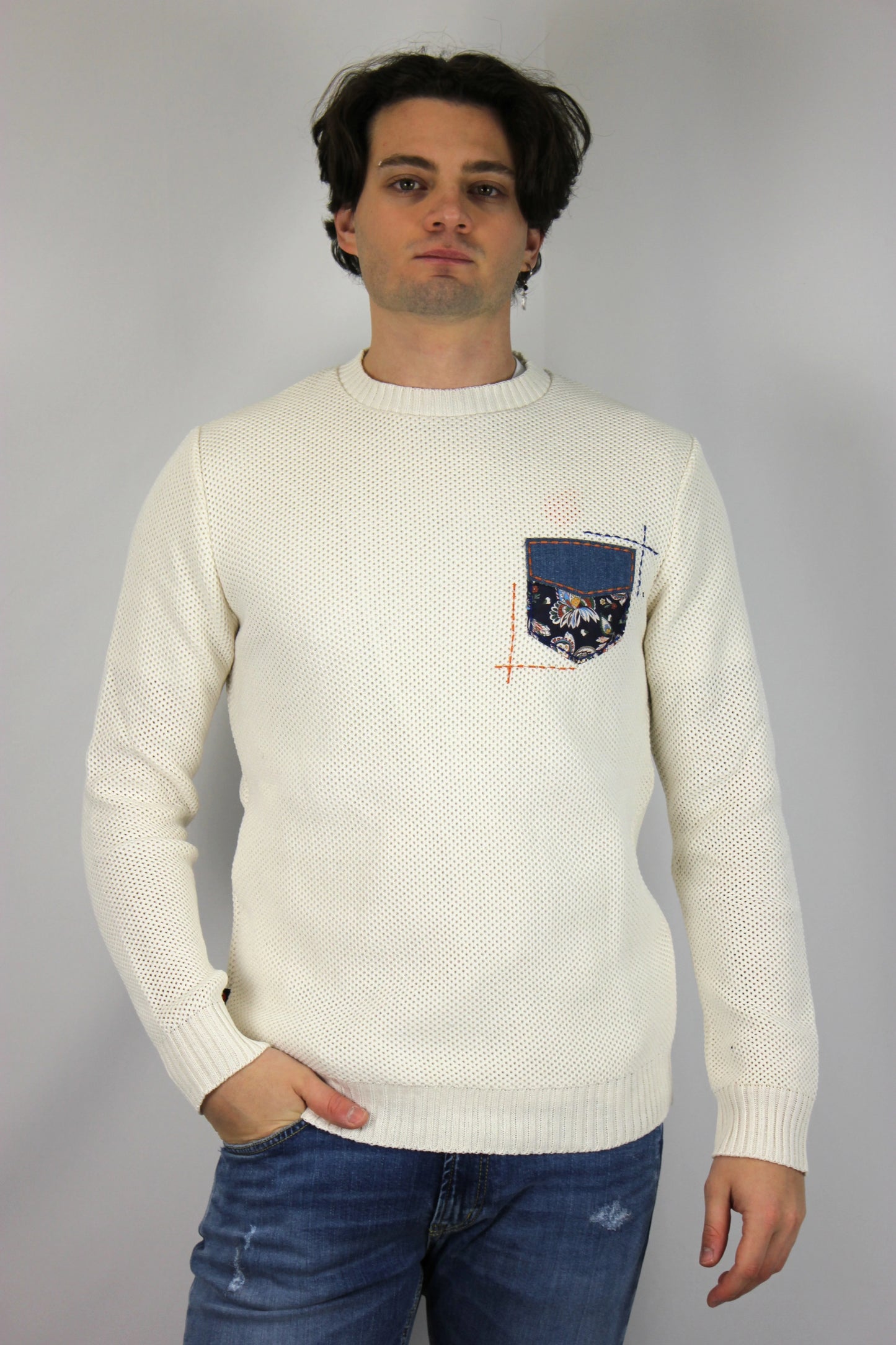 Maglione occhio di pernice panna patchwork V2 - Seipuntozerostore
