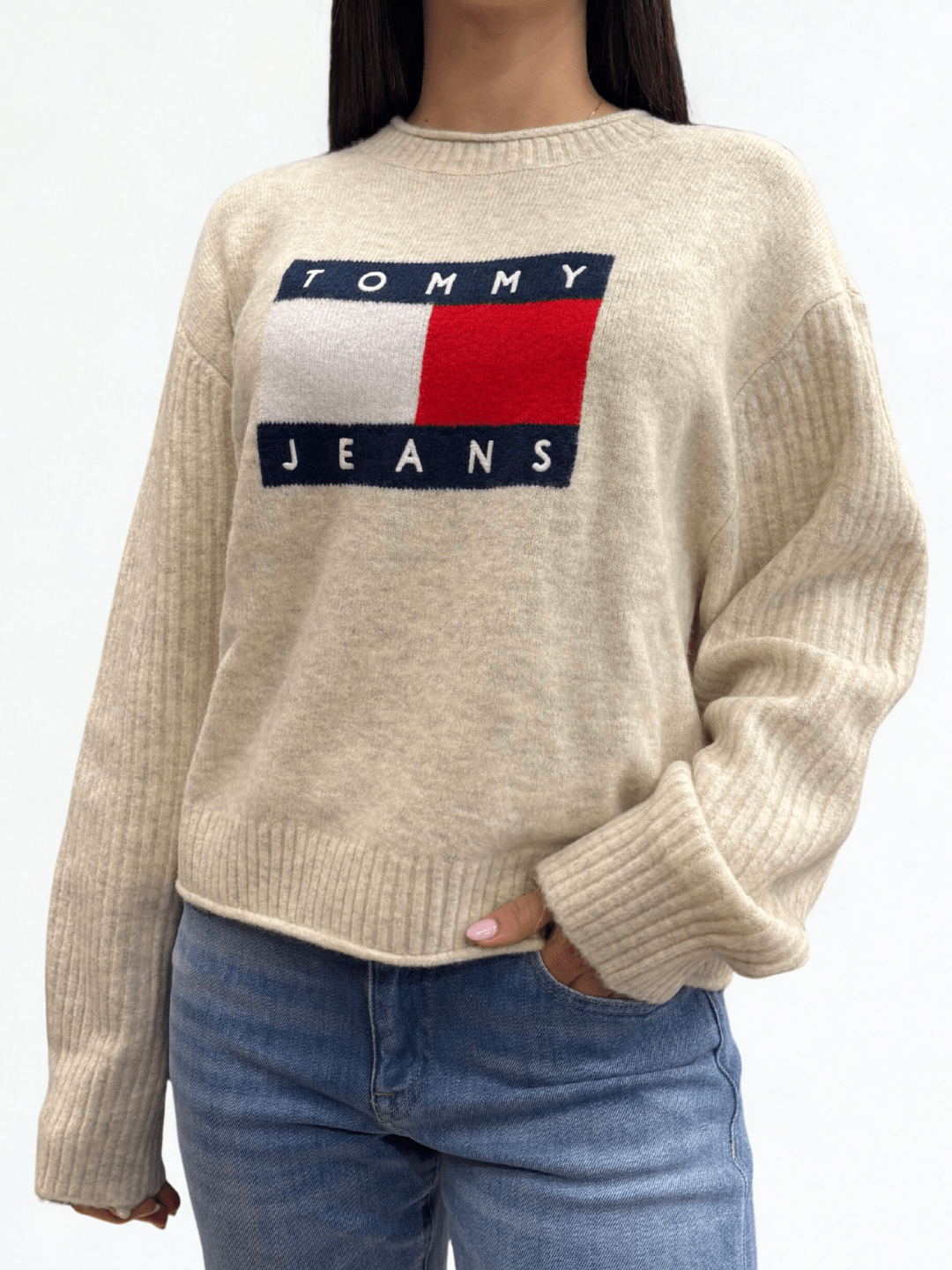 Pullover relaxed fit mélange con bandiera Panna Tommy Jeans - Seipuntozerostore