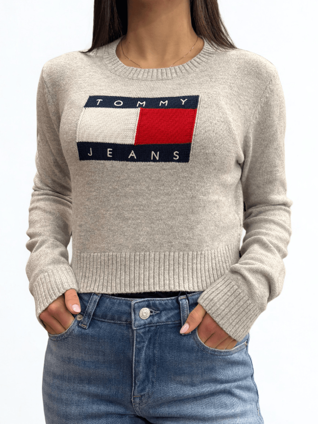 Pullover slim fit con paillettes e bandiera grigio Tommy Jeans - Seipuntozerostore