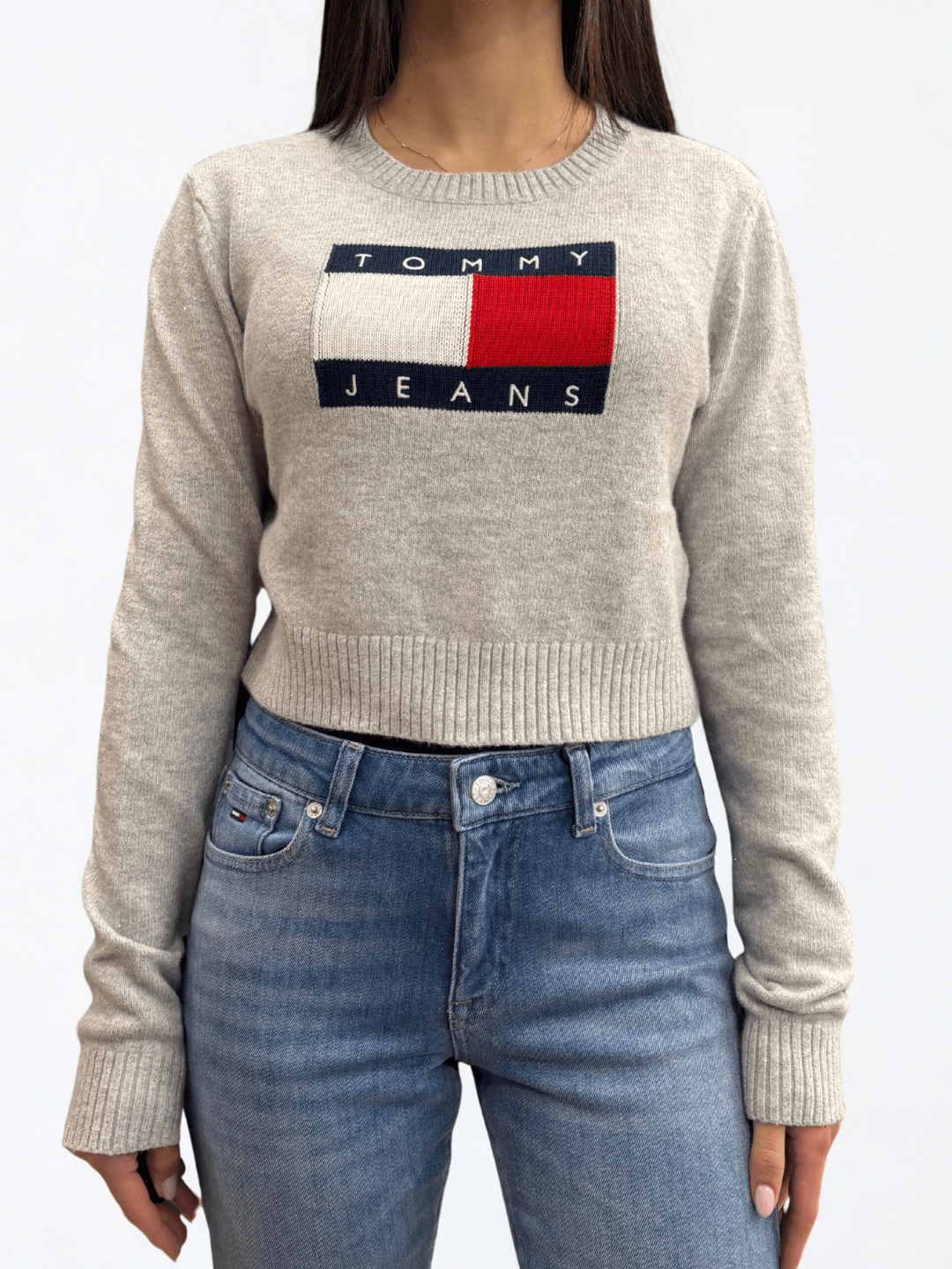 Pullover slim fit con paillettes e bandiera grigio Tommy Jeans - Seipuntozerostore