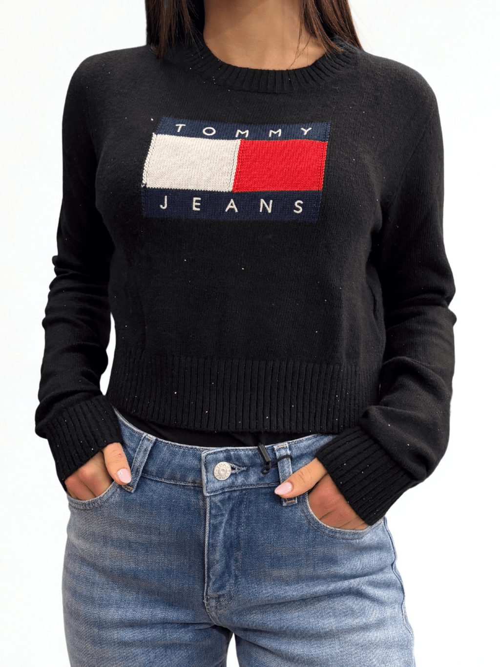 Pullover slim fit con paillettes e bandiera nero Tommy Jeans - Seipuntozerostore