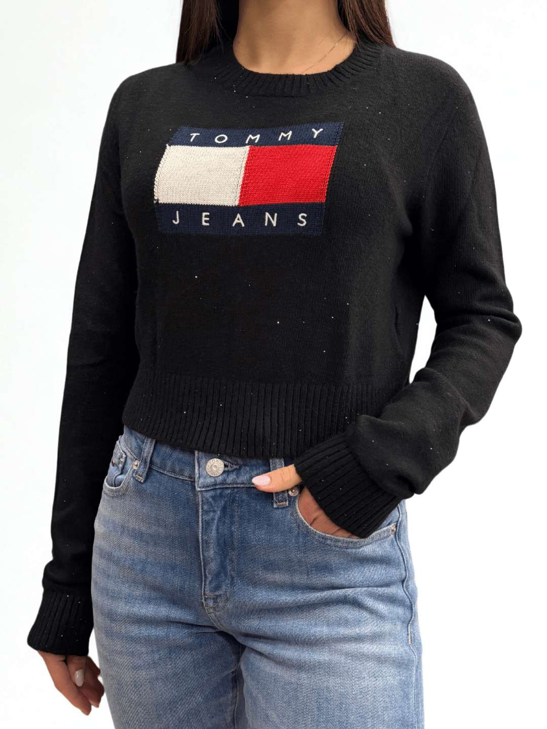 Pullover slim fit con paillettes e bandiera nero Tommy Jeans - Seipuntozerostore