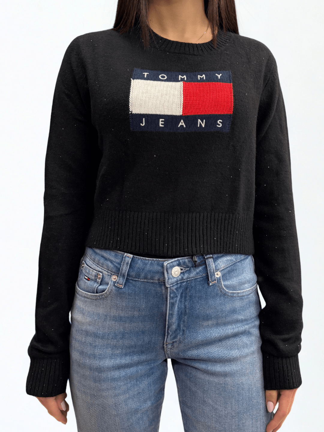 Pullover slim fit con paillettes e bandiera nero Tommy Jeans - Seipuntozerostore