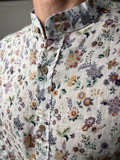 Camicia  Collo Coreano Fantasia Floreale in Lino Berna