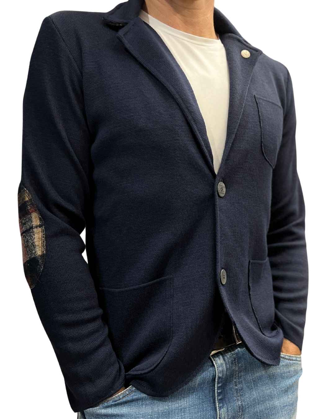 Giacca Monopetto Blu con interno collo, toppe e pochette in tessuto V2 - Seipuntozerostore