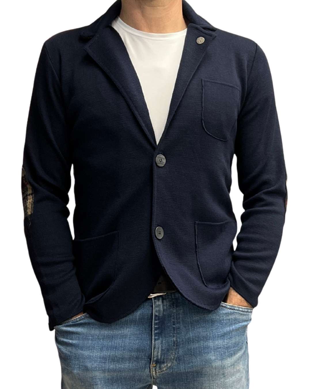 Giacca Monopetto Blu con interno collo, toppe e pochette in tessuto V2 - Seipuntozerostore