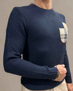 Maglione Girocollo occhio di pernice Blu con Taschino Patchwork Ricamato con Tessuti V2 - Seipuntozerostore