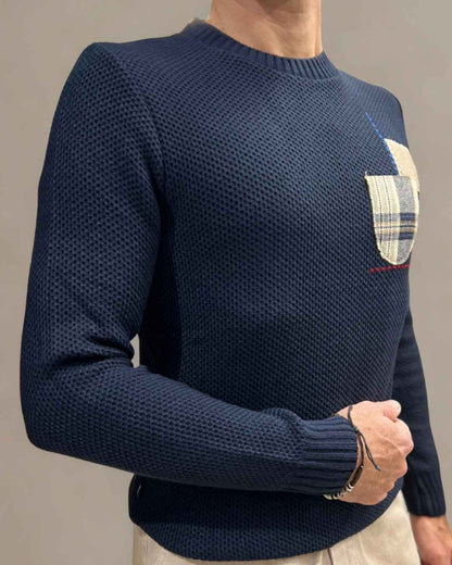 Maglione Girocollo occhio di pernice Blu con Taschino Patchwork Ricamato con Tessuti V2 - Seipuntozerostore