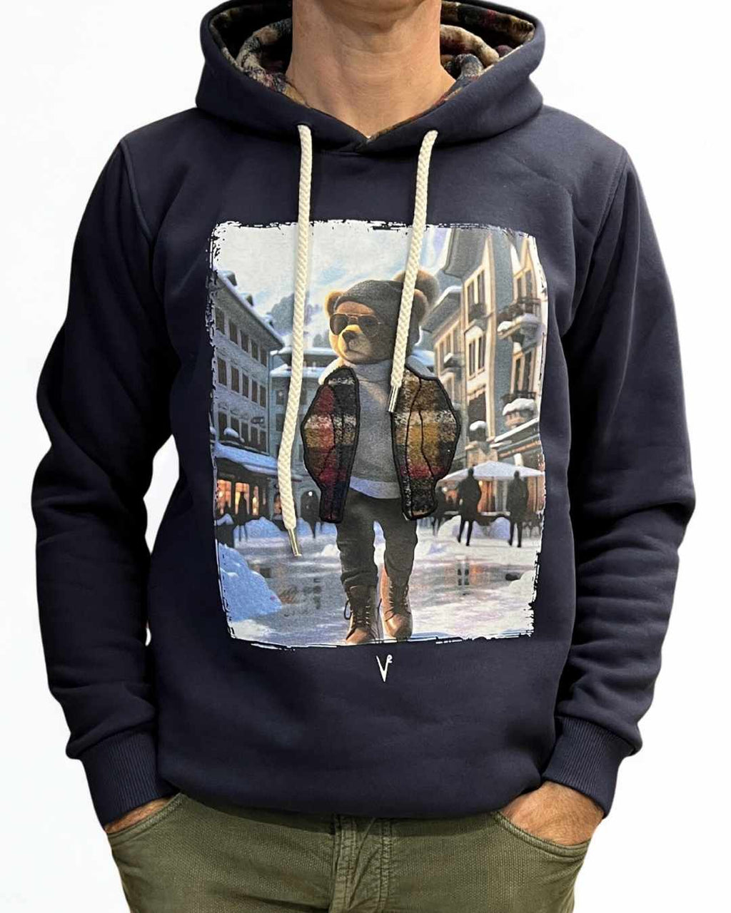 Felpa Cappuccio Blu con stampa Teddy e ricamo in tessuto V2 - Seipuntozerostore