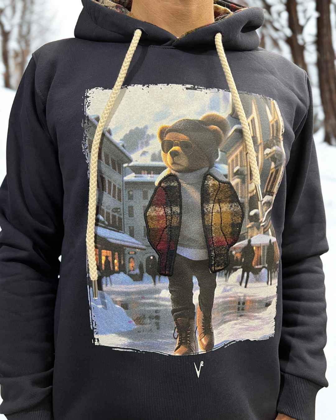 Felpa Cappuccio Blu con stampa Teddy e ricamo in tessuto V2 - Seipuntozerostore