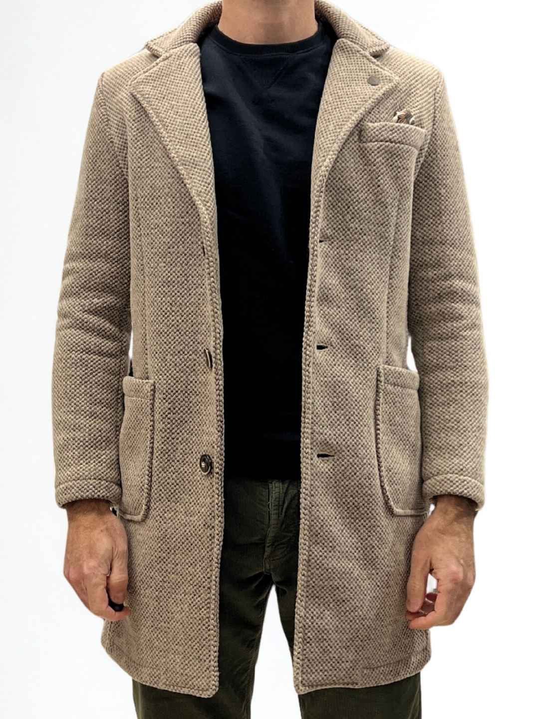 Cappotto Monopetto punto riso Sabbia con fodera interna e pochette in Tessuto V2 - Seipuntozerostore