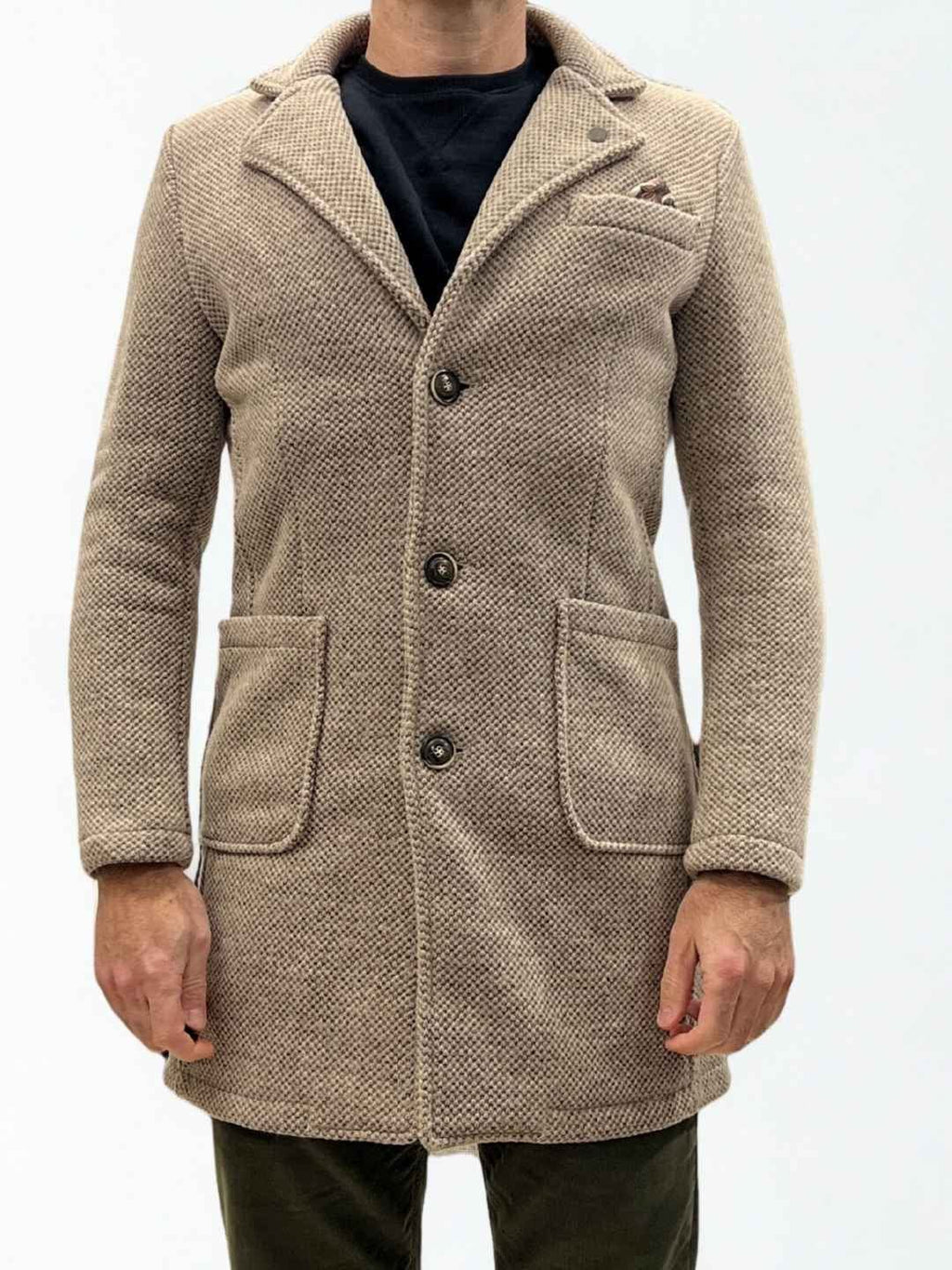 Cappotto Monopetto punto riso Sabbia con fodera interna e pochette in Tessuto V2 - Seipuntozerostore