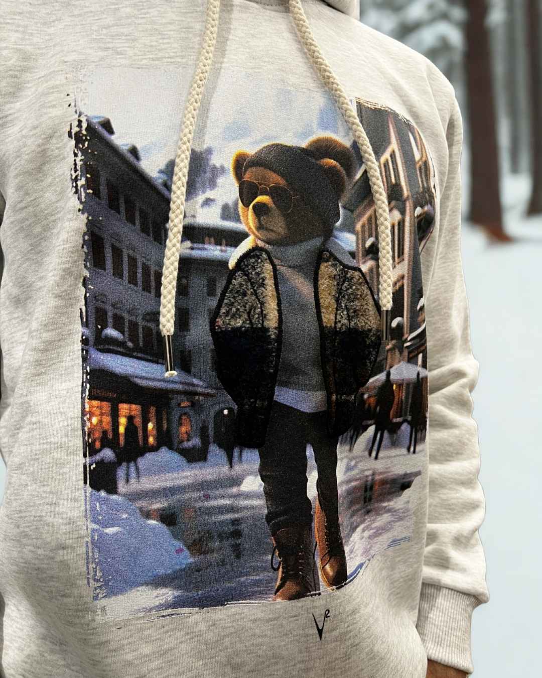 Felpa Cappuccio Grigia con stampa Teddy e ricamo in tessuto V2 - Seipuntozerostore