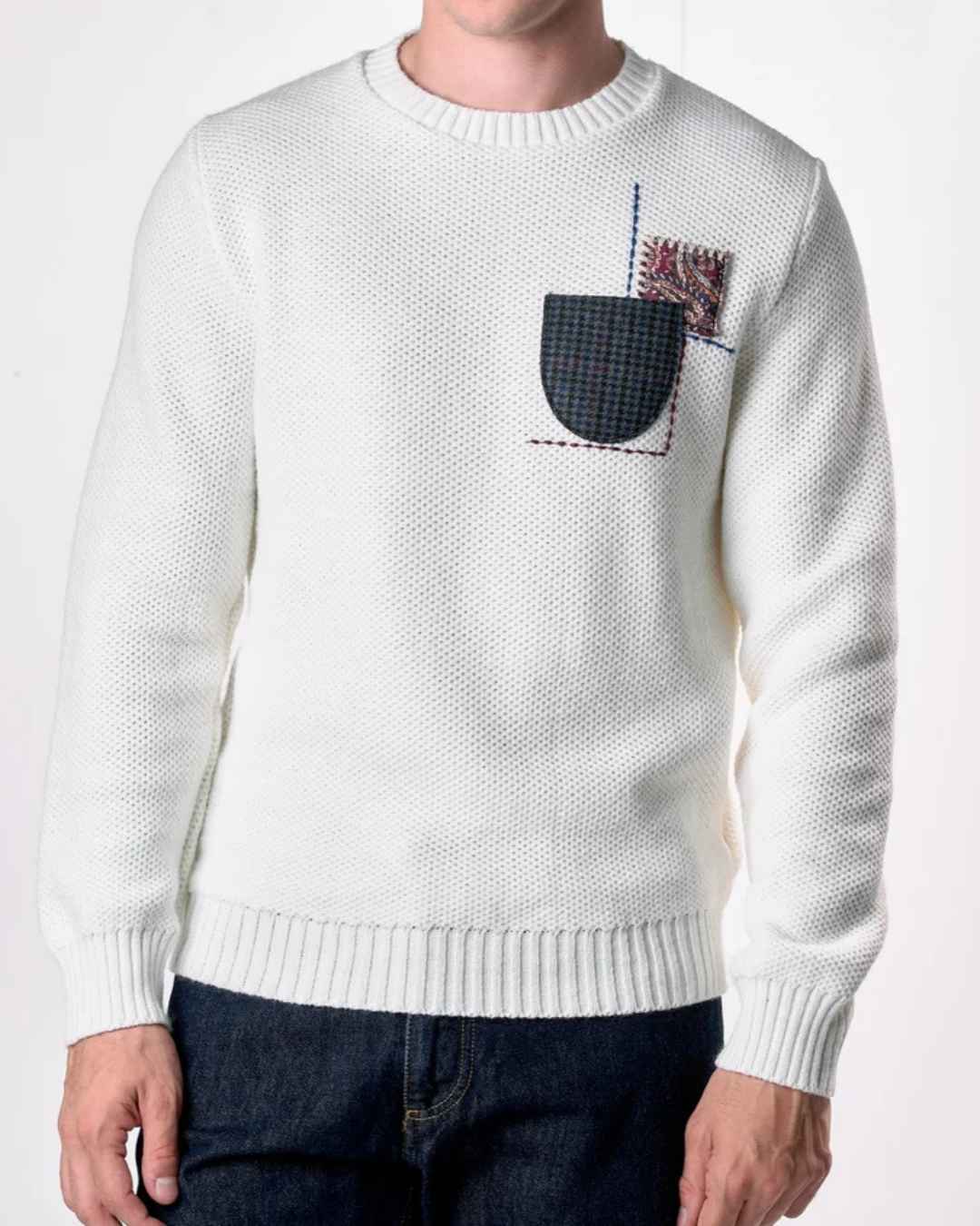 Maglione Girocollo occhio di pernice Panna con Taschino Patchwork Ricamato con Tessuti V2 - Seipuntozerostore