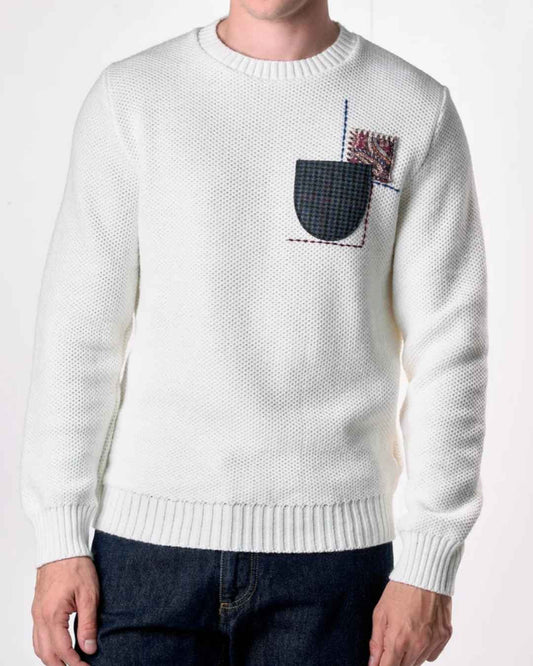 Maglione Girocollo occhio di pernice Panna con Taschino Patchwork Ricamato con Tessuti V2 - Seipuntozerostore