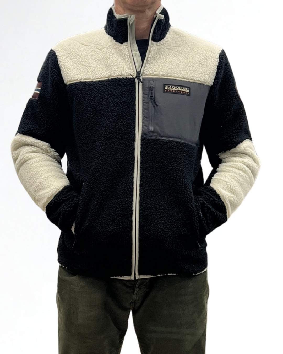 Felpa in Pile senza Cappuccio con Zip Yupik Giacca multicolor nero panna Napapijri - Seipuntozerostore