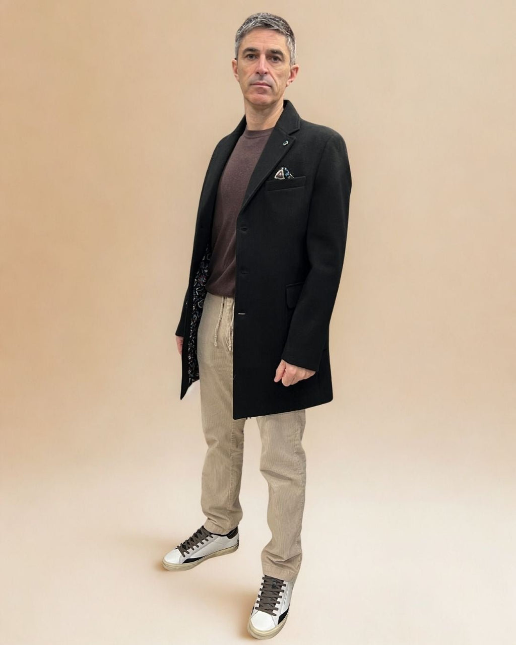 Cappotto Monopetto Sartoriale Nero in lana con pochette e fodera interna in Tessuto V2 - Seipuntozerostore