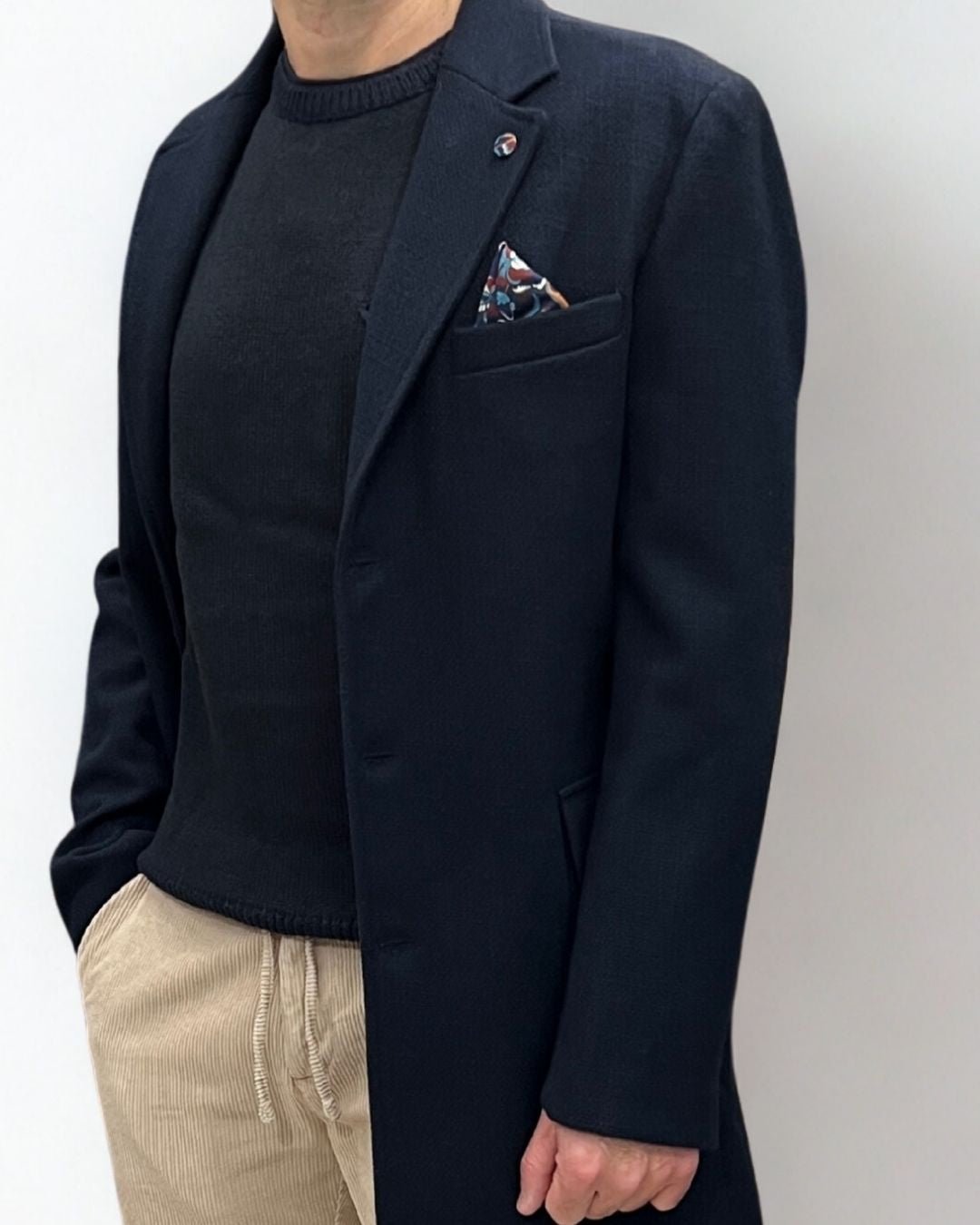 Cappotto Monopetto Sartoriale Blu in lana con pochette e fodera interna in Tessuto V2 - Seipuntozerostore