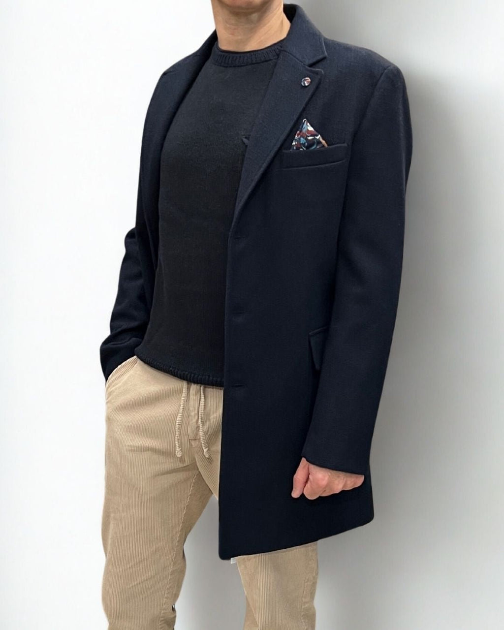 Cappotto Monopetto Sartoriale Blu in lana con pochette e fodera interna in Tessuto V2 - Seipuntozerostore