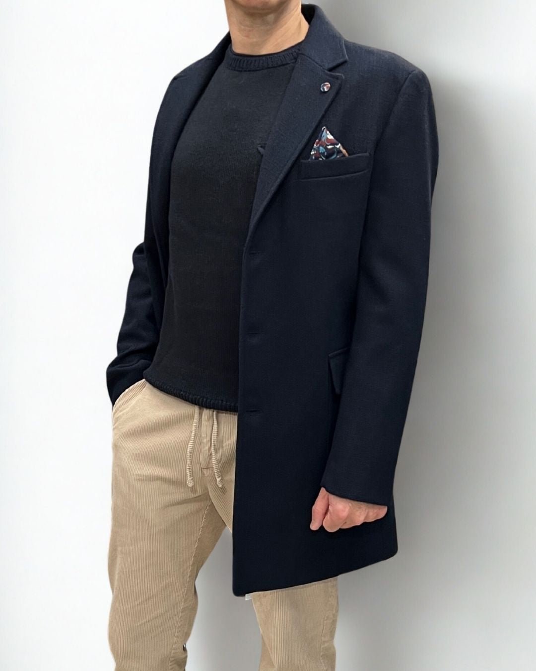 Cappotto Monopetto Sartoriale Blu in lana con pochette e fodera interna in Tessuto V2 - Seipuntozerostore