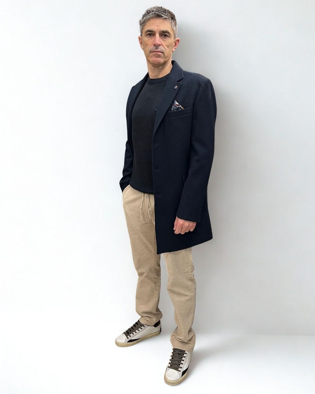 Cappotto Monopetto Sartoriale Blu in lana con pochette e fodera interna in Tessuto V2 - Seipuntozerostore