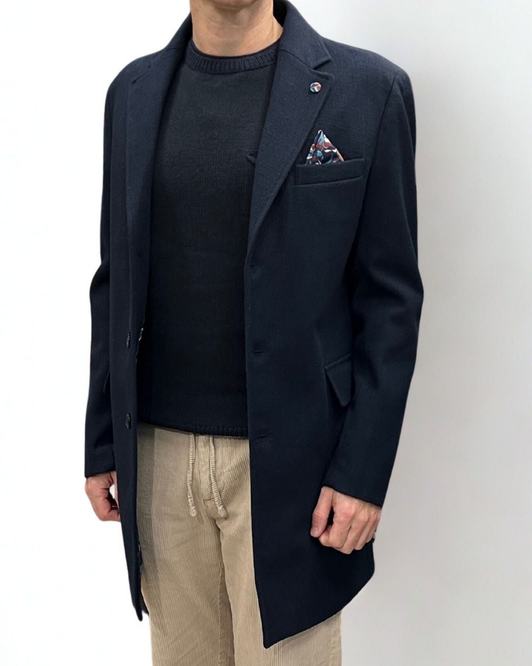 Cappotto Monopetto Sartoriale Blu in lana con pochette e fodera interna in Tessuto V2 - Seipuntozerostore