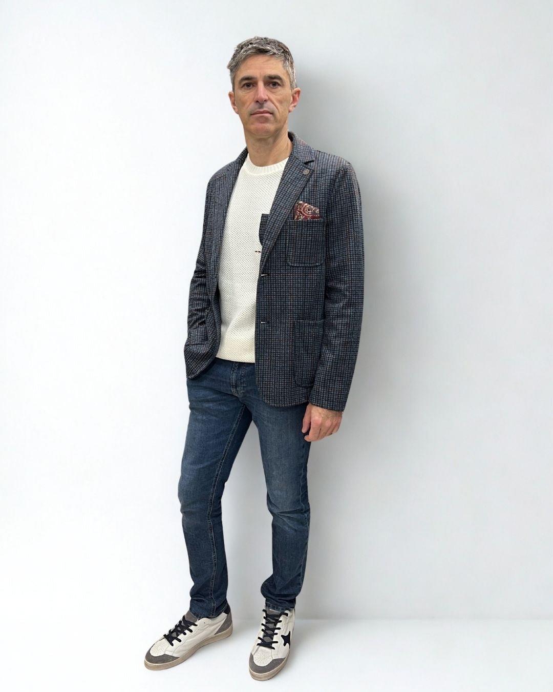 Giacca Monopetto Sartoriale Pied de Poule Blu e Bordeaux con interni e pochette in tessuto V2 - Seipuntozerostore