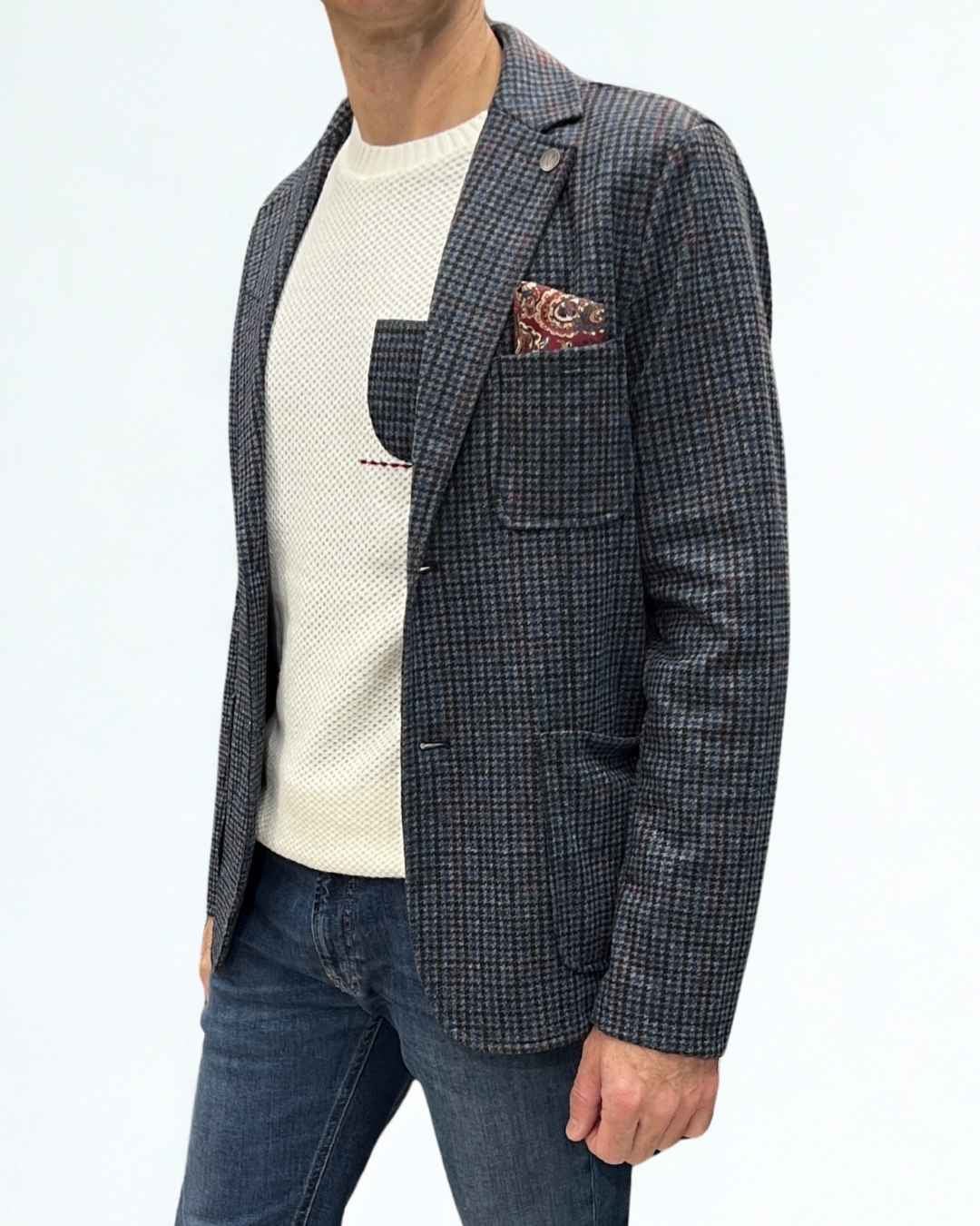 Giacca Monopetto Sartoriale Pied de Poule Blu e Bordeaux con interni e pochette in tessuto V2 - Seipuntozerostore