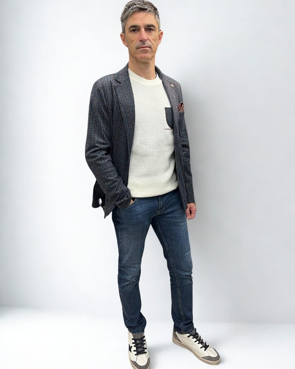 Giacca Monopetto Sartoriale Pied de Poule Blu e Bordeaux con interni e pochette in tessuto V2 - Seipuntozerostore