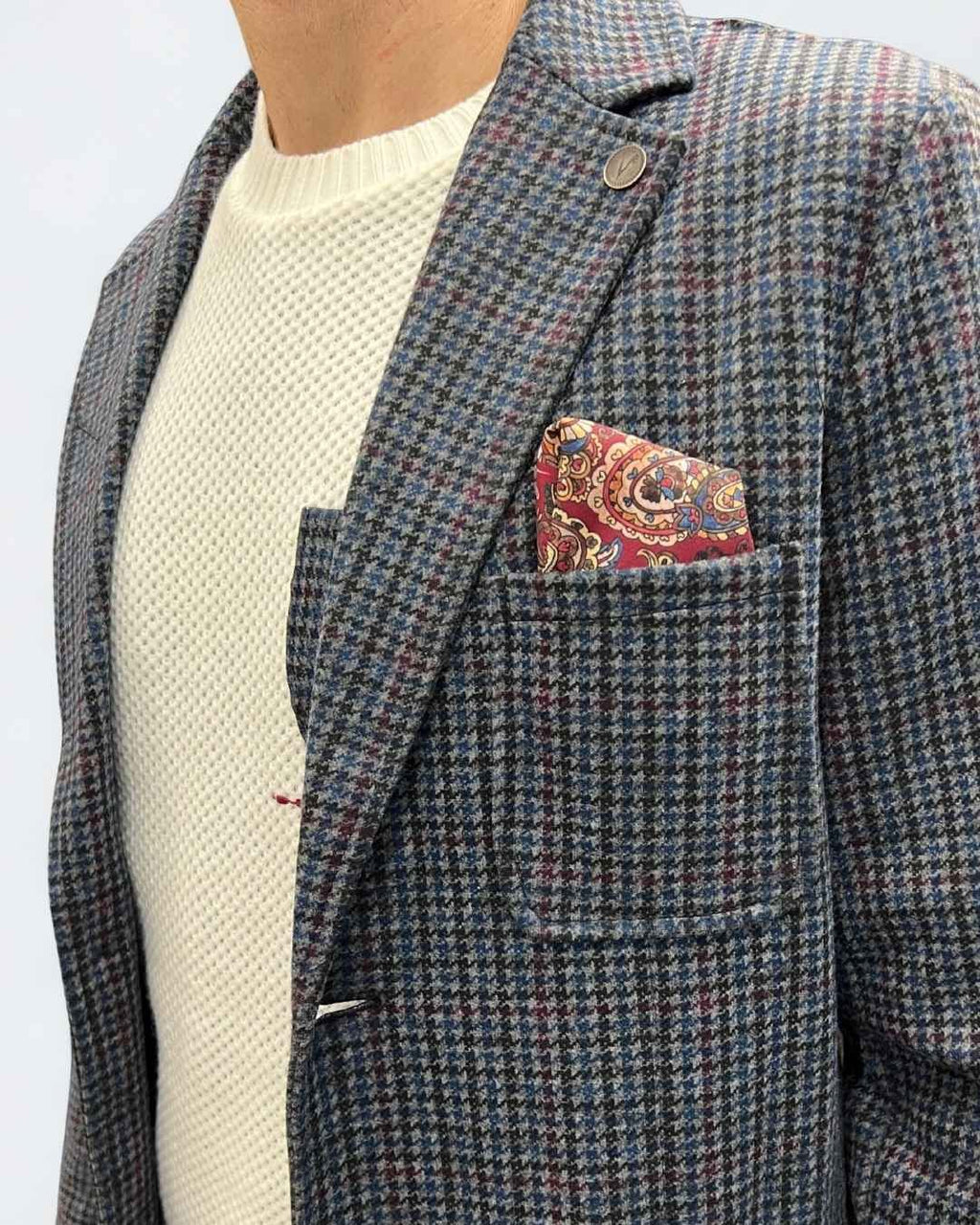 Giacca Monopetto Sartoriale Pied de Poule Blu e Bordeaux con interni e pochette in tessuto V2 - Seipuntozerostore