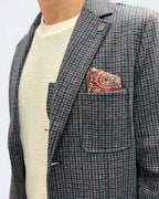 Giacca Monopetto Sartoriale Pied de Poule Blu e Bordeaux con interni e pochette in tessuto V2 - Seipuntozerostore