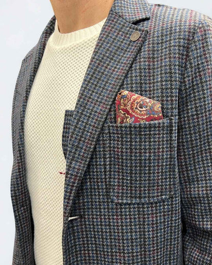 Giacca Monopetto Sartoriale Pied de Poule Blu e Bordeaux con interni e pochette in tessuto V2 - Seipuntozerostore