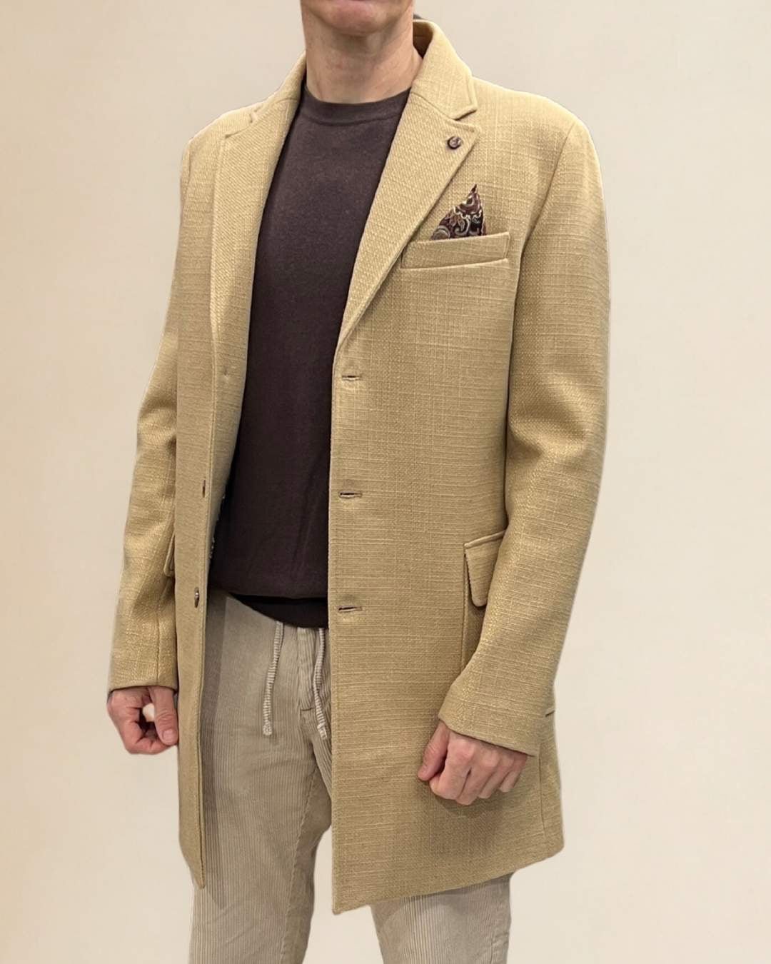 Cappotto Monopetto Sartoriale Cammello in lana con pochette e fodera interna in Tessuto V2 - Seipuntozerostore