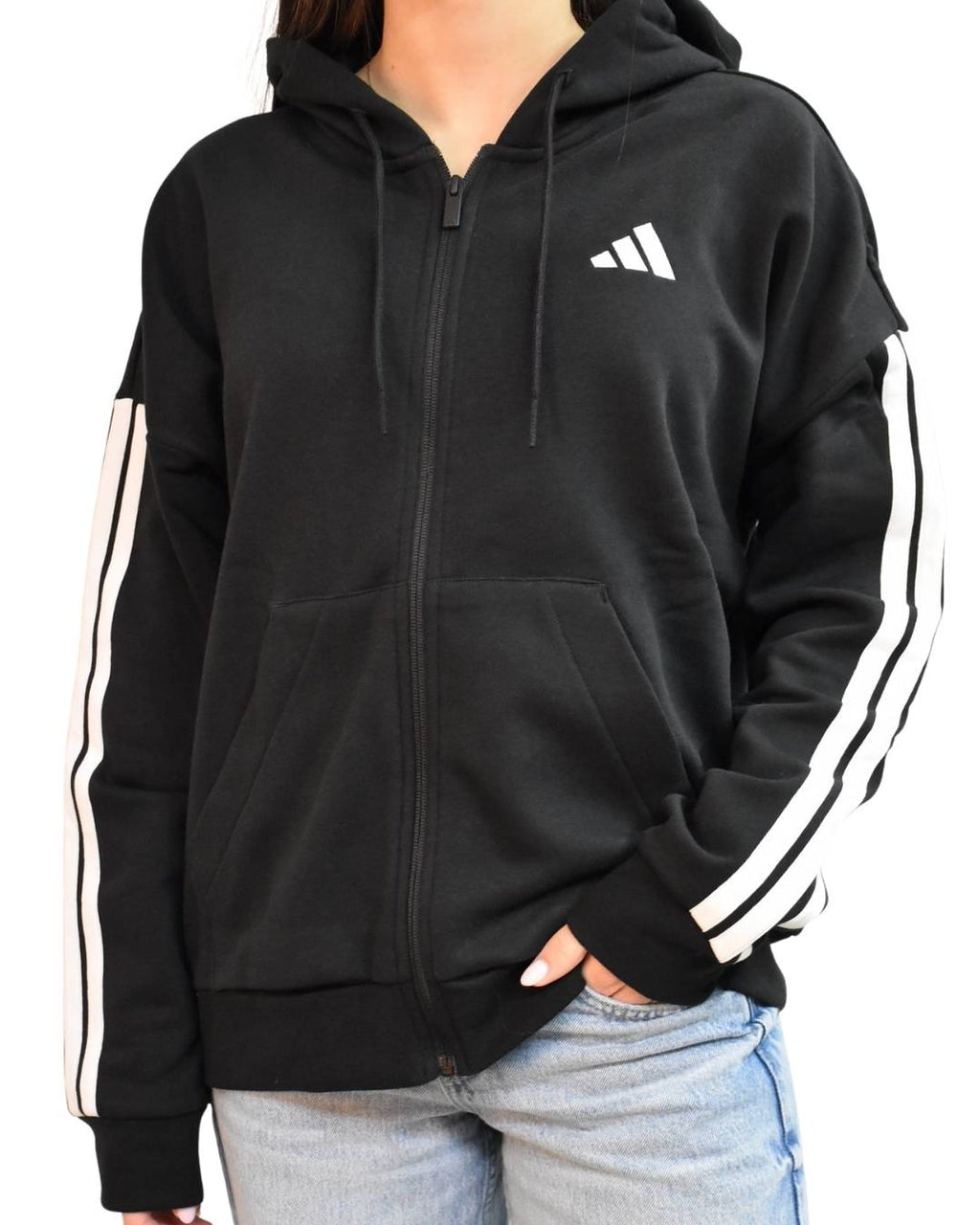 Felpa Essentials 3 - Stripes Full - Zip Fleece Hoodie con Cappuccio Donna Nero - Seipuntozerostore
