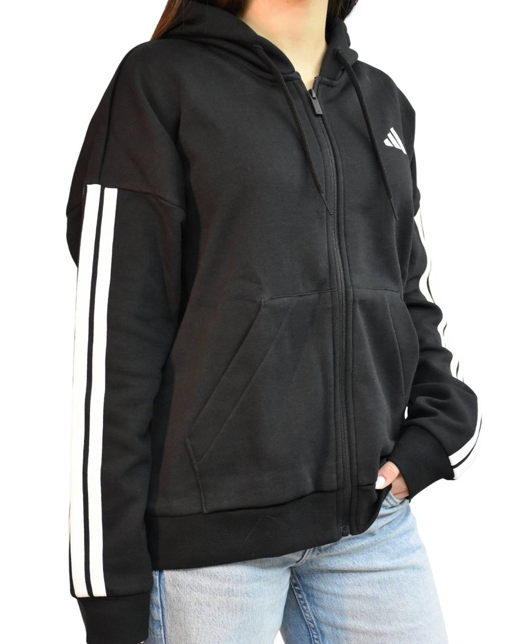 Felpa Essentials 3 - Stripes Full - Zip Fleece Hoodie con Cappuccio Donna Nero - Seipuntozerostore