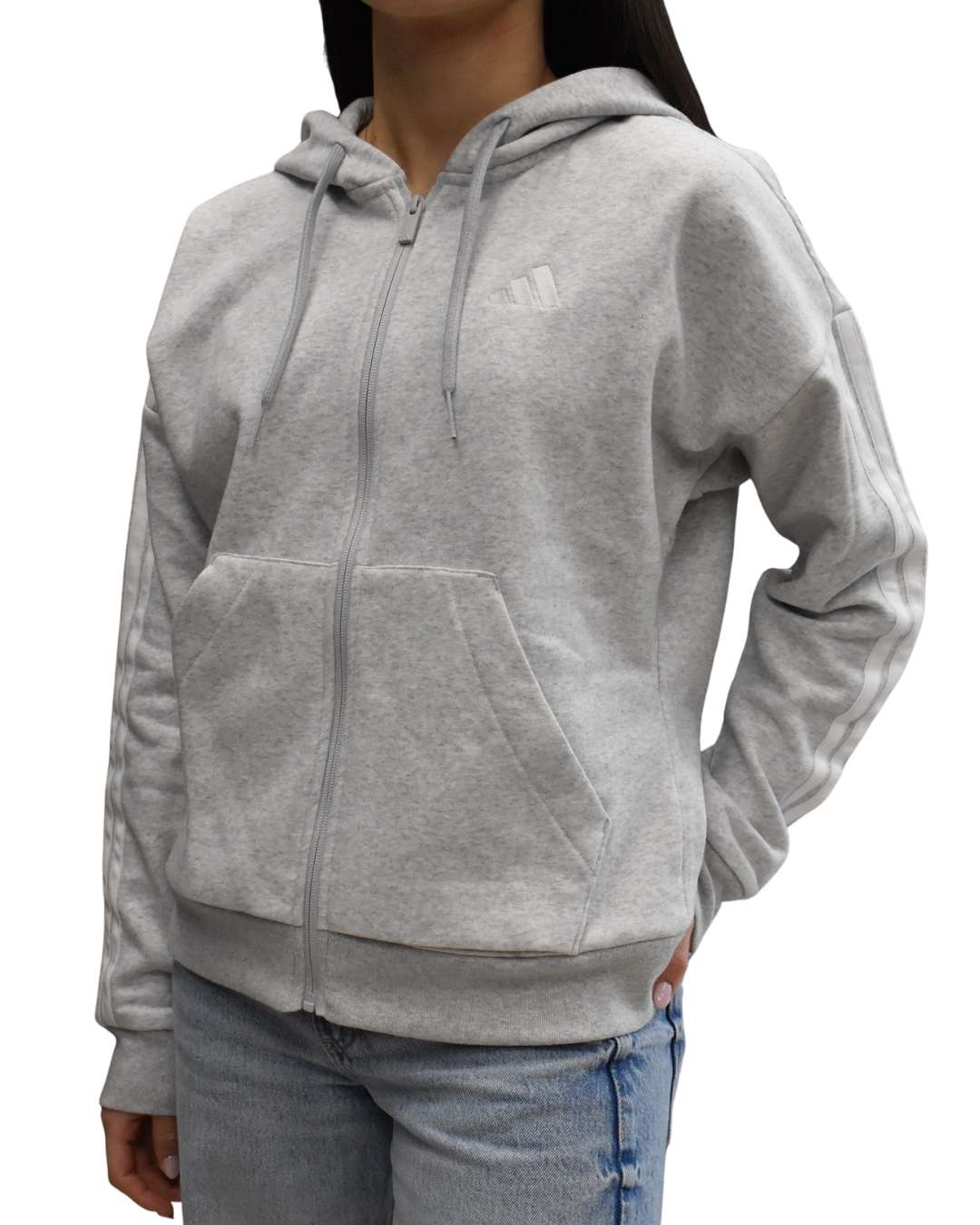 Felpa Essentials 3 - Stripes Full - Zip Fleece Hoodie con Cappuccio Donna Grigio - Seipuntozerostore