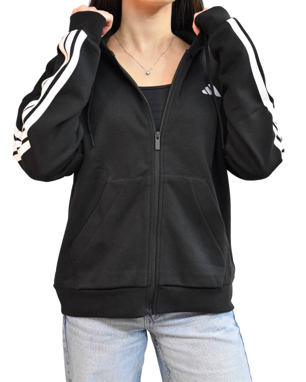 Felpa Essentials 3 - Stripes Full - Zip Fleece Hoodie con Cappuccio Donna Nero - Seipuntozerostore
