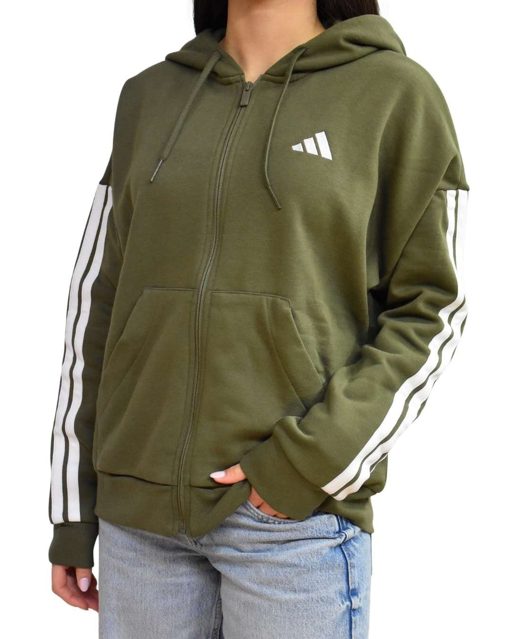 Felpa Essentials 3 - Stripes Full - Zip Fleece Hoodie con Cappuccio Donna Olive - Seipuntozerostore