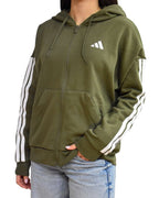Felpa Essentials 3 - Stripes Full - Zip Fleece Hoodie con Cappuccio Donna Olive - Seipuntozerostore