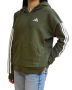 Felpa Essentials 3 - Stripes Full - Zip Fleece Hoodie con Cappuccio Donna Olive - Seipuntozerostore