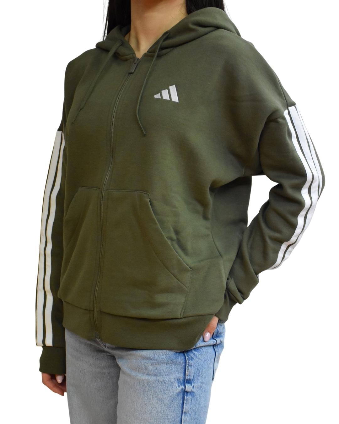 Felpa Essentials 3 - Stripes Full - Zip Fleece Hoodie con Cappuccio Donna Olive - Seipuntozerostore
