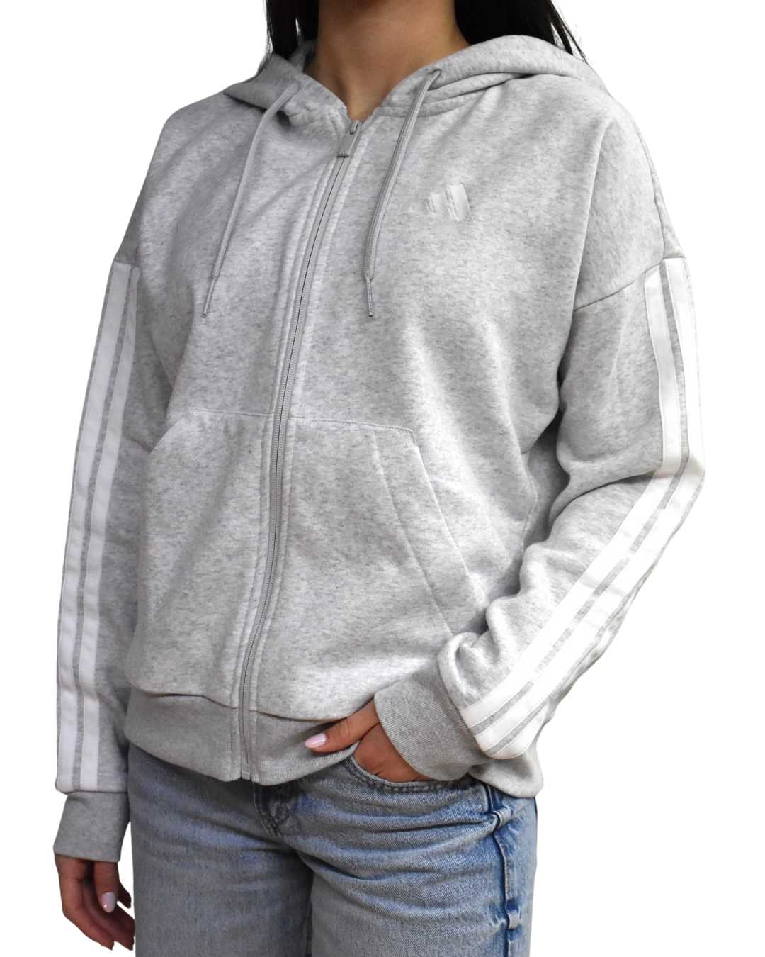 Felpa Essentials 3 - Stripes Full - Zip Fleece Hoodie con Cappuccio Donna Grigio - Seipuntozerostore
