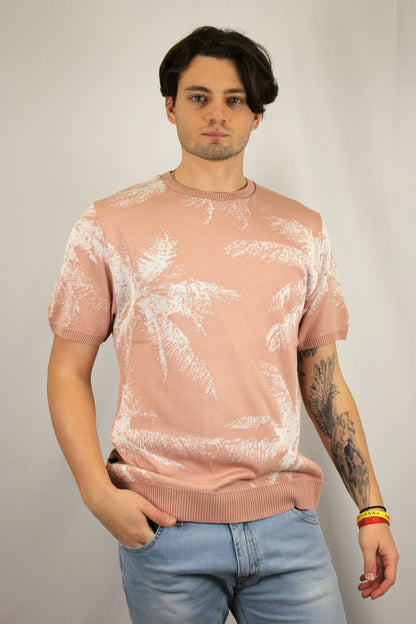 T-shirt in maglia con intarsio palme cipria V2 - Seipuntozerostore